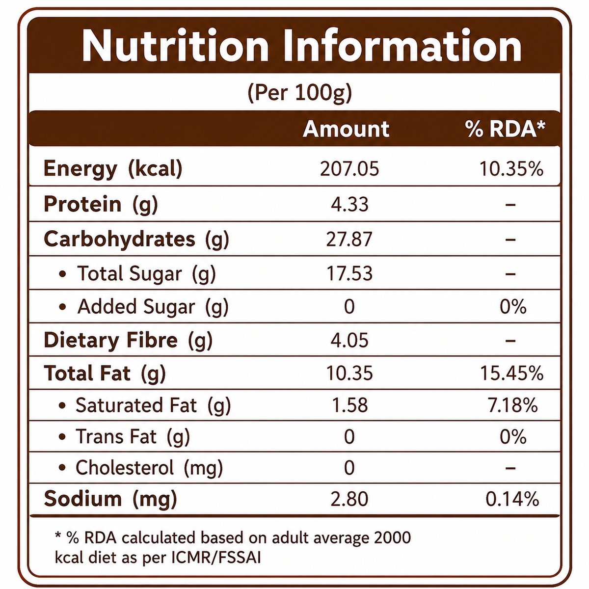 Chocolate spread nutrition information per 100 g