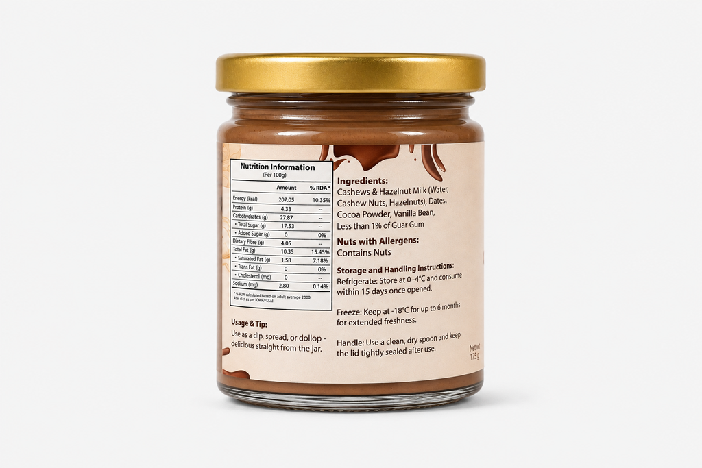 Back label of the chocolate spread showing nutrition table, ingredients, allergens and storage instructions