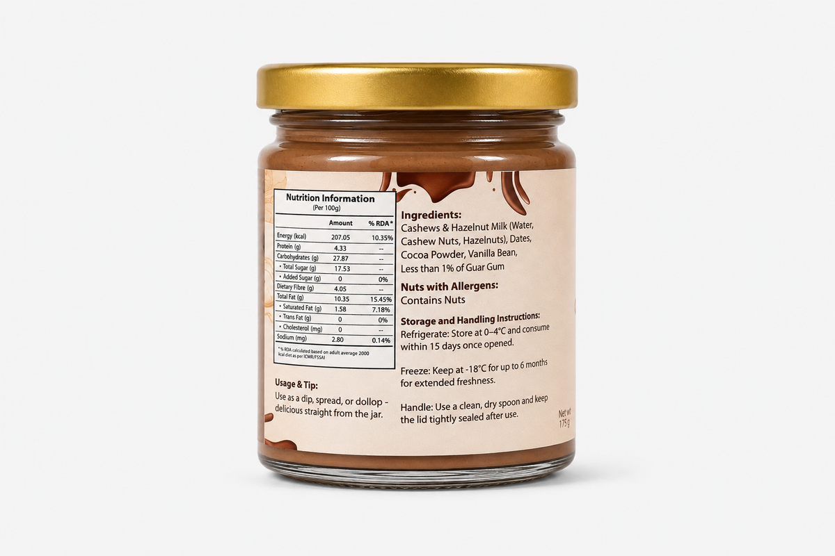 Back label of the chocolate spread showing nutrition table, ingredients, allergens and storage instructions