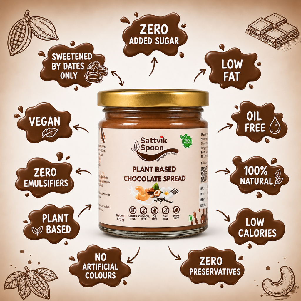 Vegan chocolate spread jar with dates, cashews, hazelnuts and vanilla, with product highlights