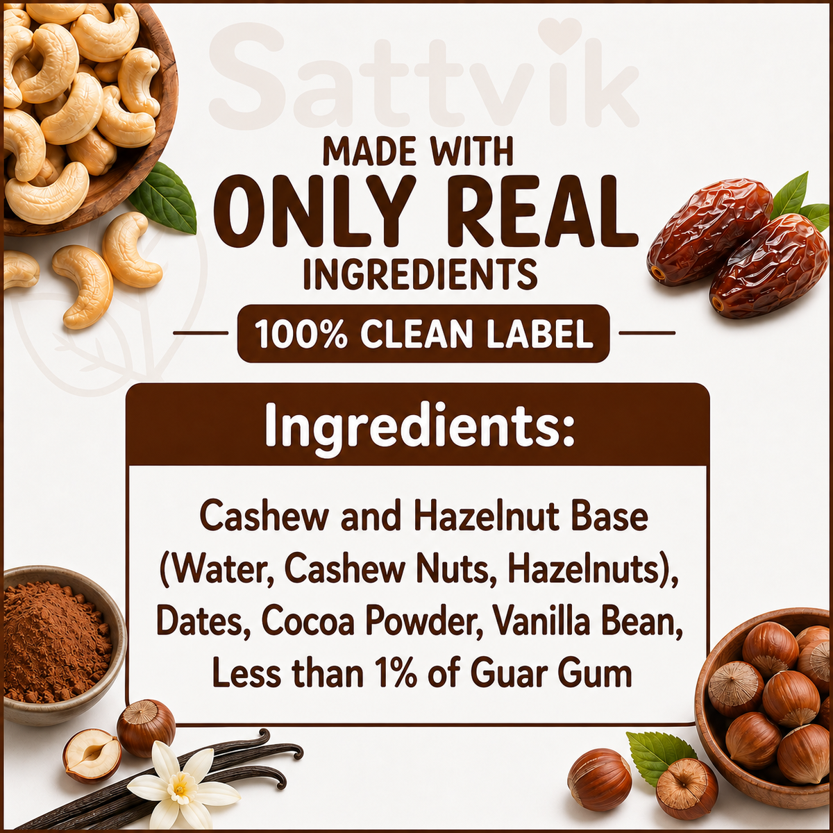 Chocolate spread ingredient list: cashew and hazelnut milk, dates, cocoa powder, vanilla bean, less than 1% guar gum