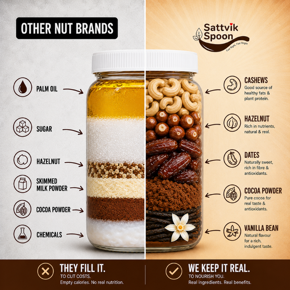 Ingredient comparison: typical nut spread with palm oil and sugar versus Sattvik Spoon's cashews, hazelnuts, dates, cocoa and vanilla
