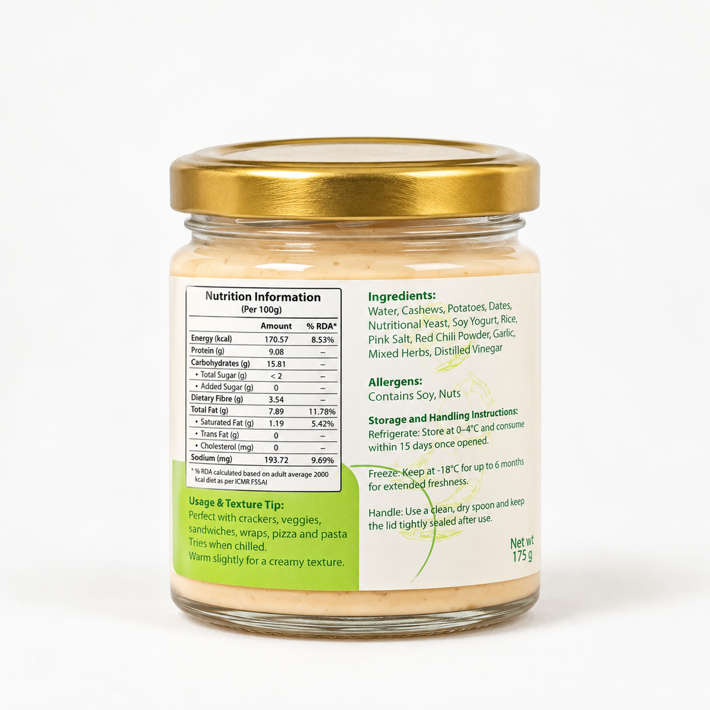 Back label of Dates & Chilli cheese spread showing nutrition table, ingredients, allergens and storage instructions