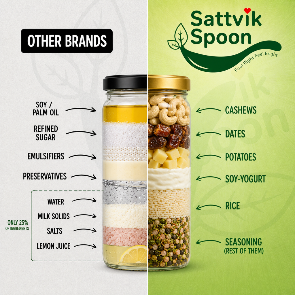 Ingredient comparison: typical cheese spread layers versus Sattvik Spoon's cashews, dates, potatoes, soy yogurt and rice