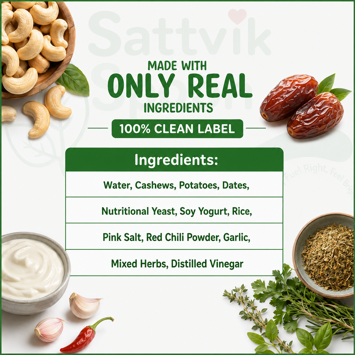 Dates & Chilli cheese spread ingredient list: water, cashews, potatoes, dates, nutritional yeast, soy yogurt, rice, pink salt, red chilli, garlic, herbs, vinegar
