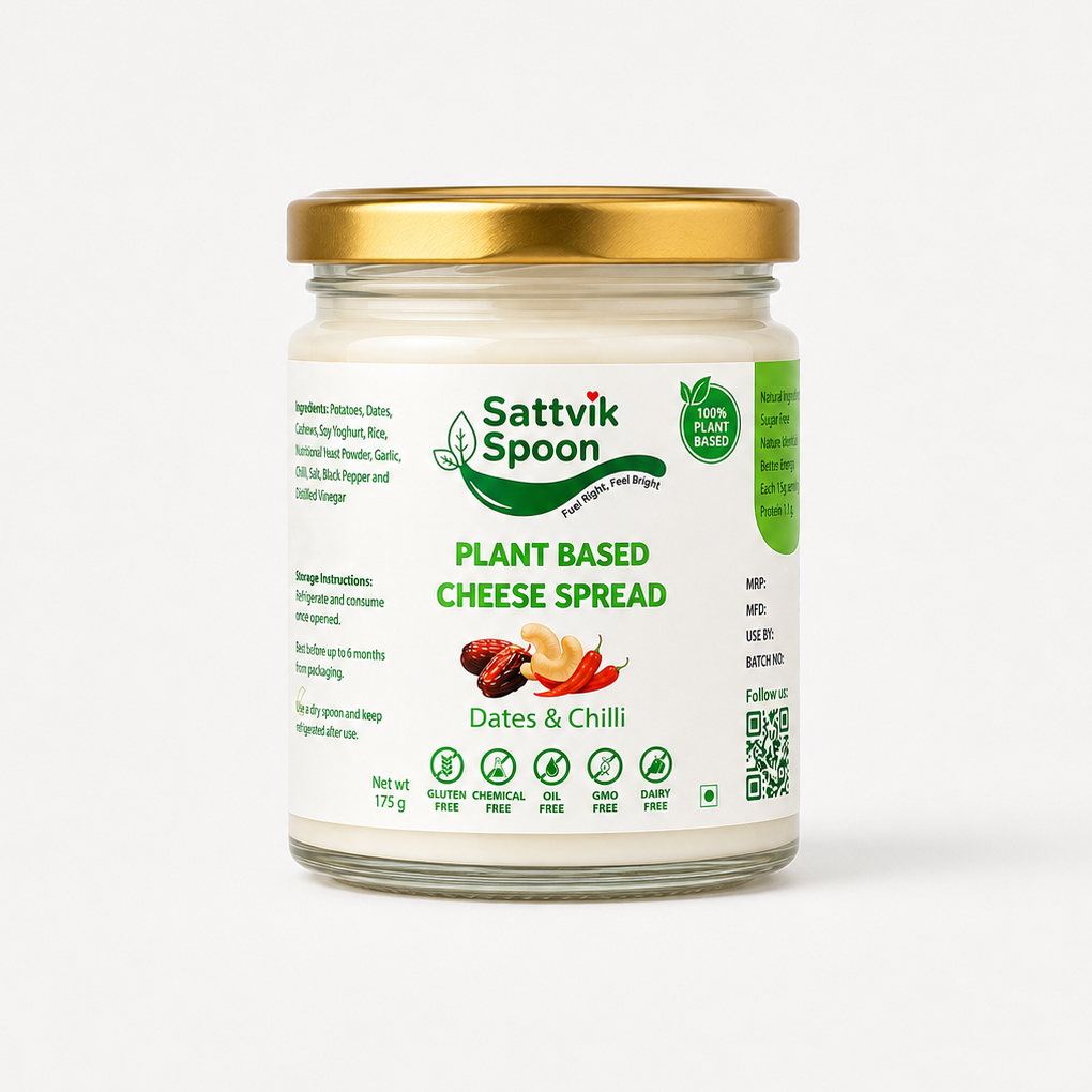 Sattvik Spoon Dates & Chilli plant-based cheese spread, 175 g glass jar with gold lid