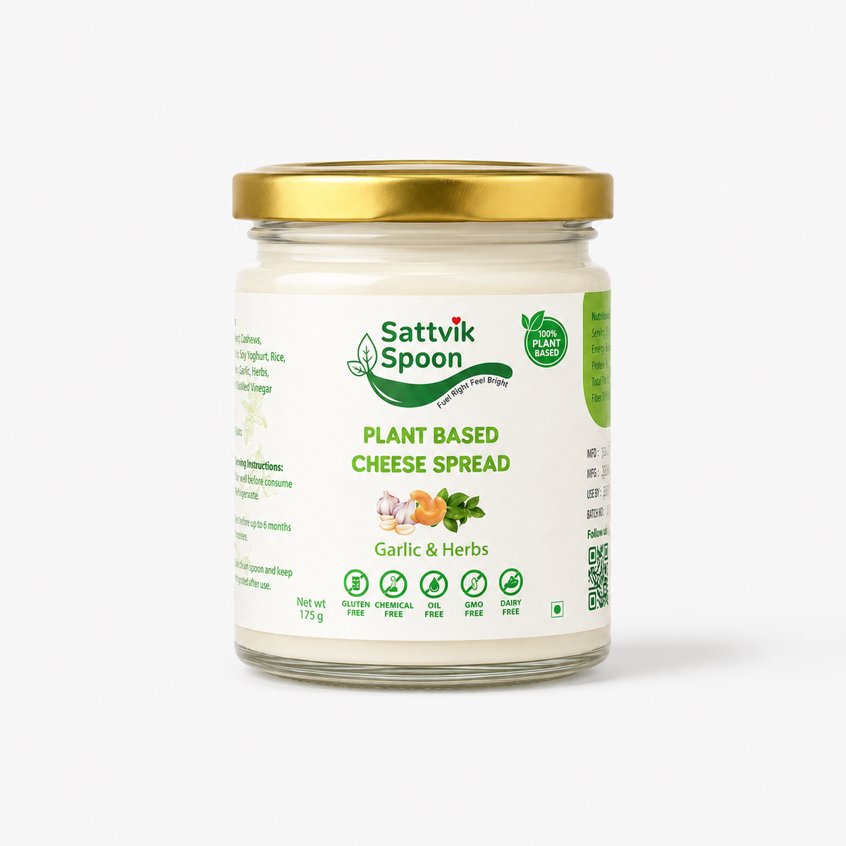 Sattvik Spoon Garlic & Herbs plant-based cheese spread, 175 g glass jar with gold lid