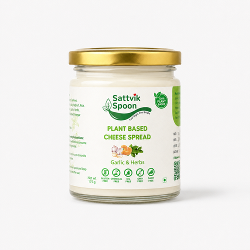 Sattvik Spoon Garlic & Herbs plant-based cheese spread, 175 g glass jar with gold lid
