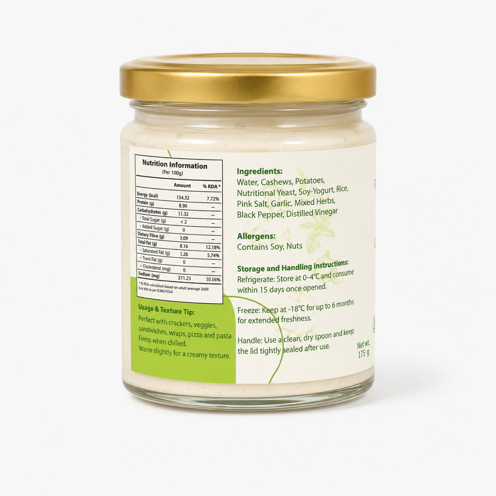 Back label of Garlic & Herbs cheese spread showing nutrition table, ingredients, allergens and storage instructions