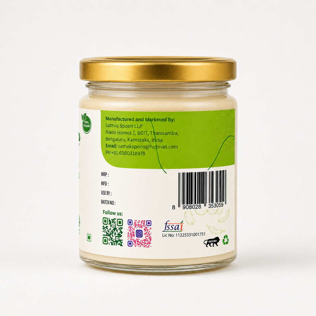 Side label of Garlic & Herbs cheese spread with manufacturer details and FSSAI licence number