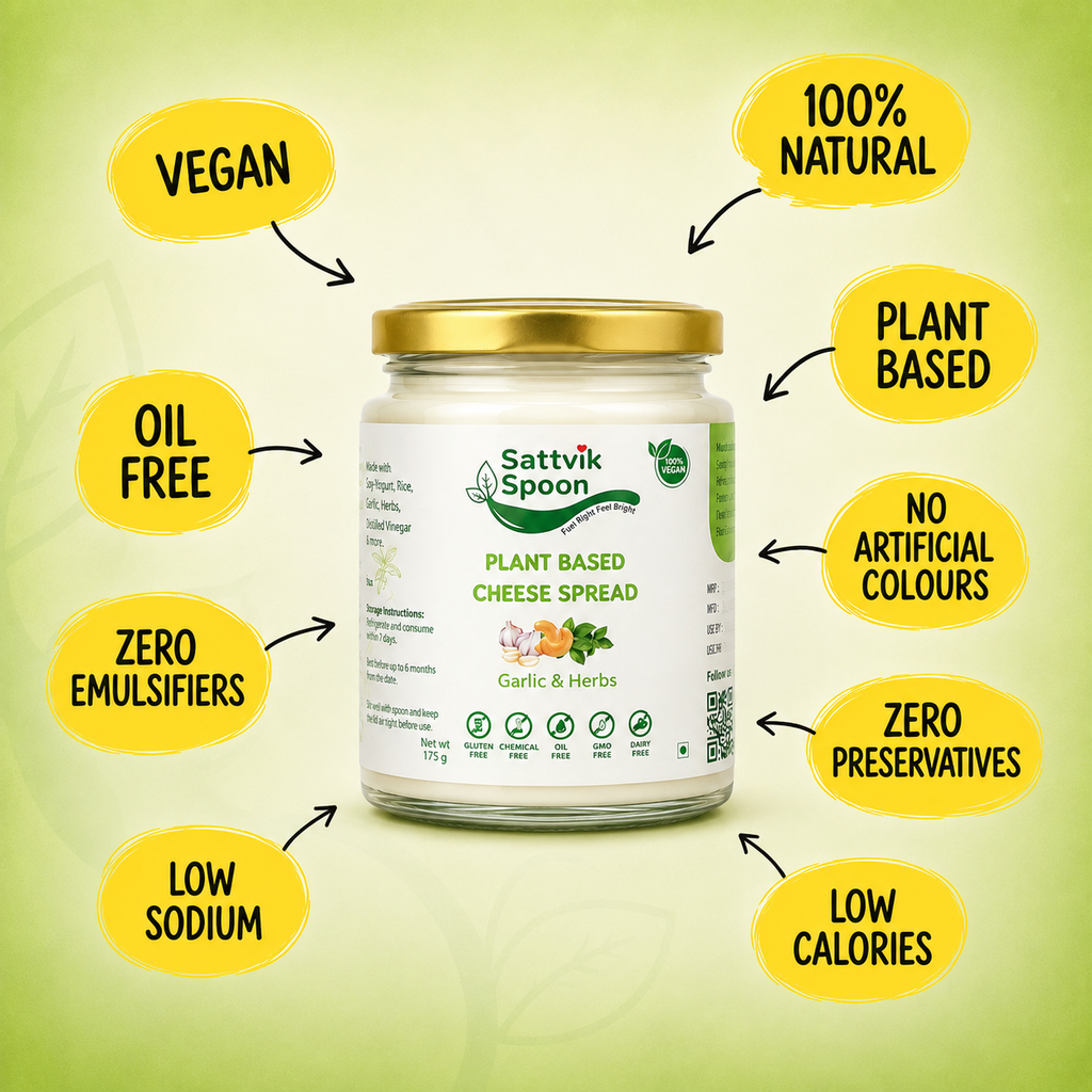 Garlic & Herbs vegan cheese spread jar surrounded by cashews, garlic and fresh herbs, with product highlights