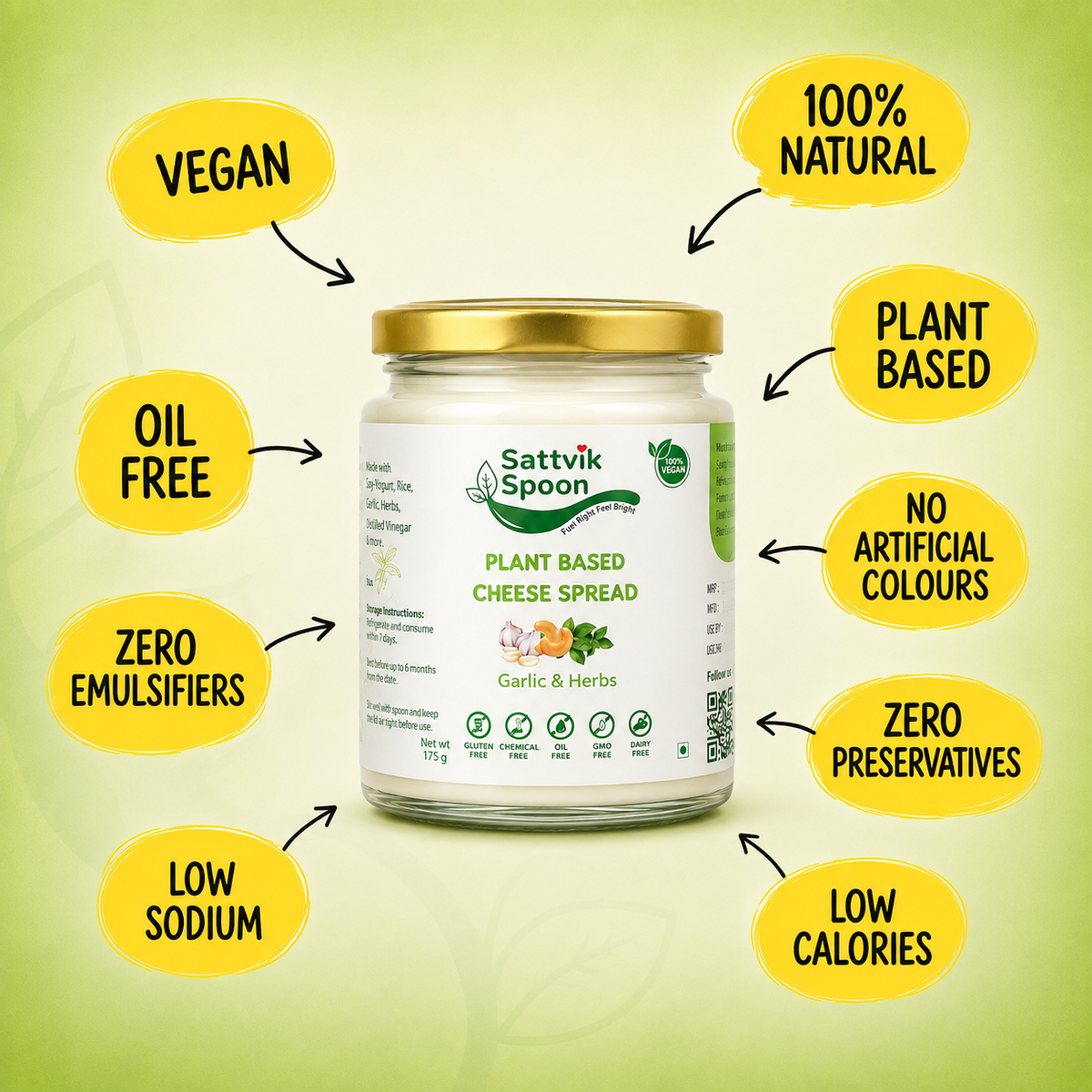 Garlic & Herbs vegan cheese spread jar surrounded by cashews, garlic and fresh herbs, with product highlights