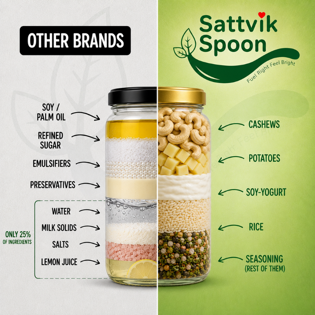 Ingredient comparison: typical cheese spread layers versus Sattvik Spoon's cashews, potatoes, soy yogurt and rice
