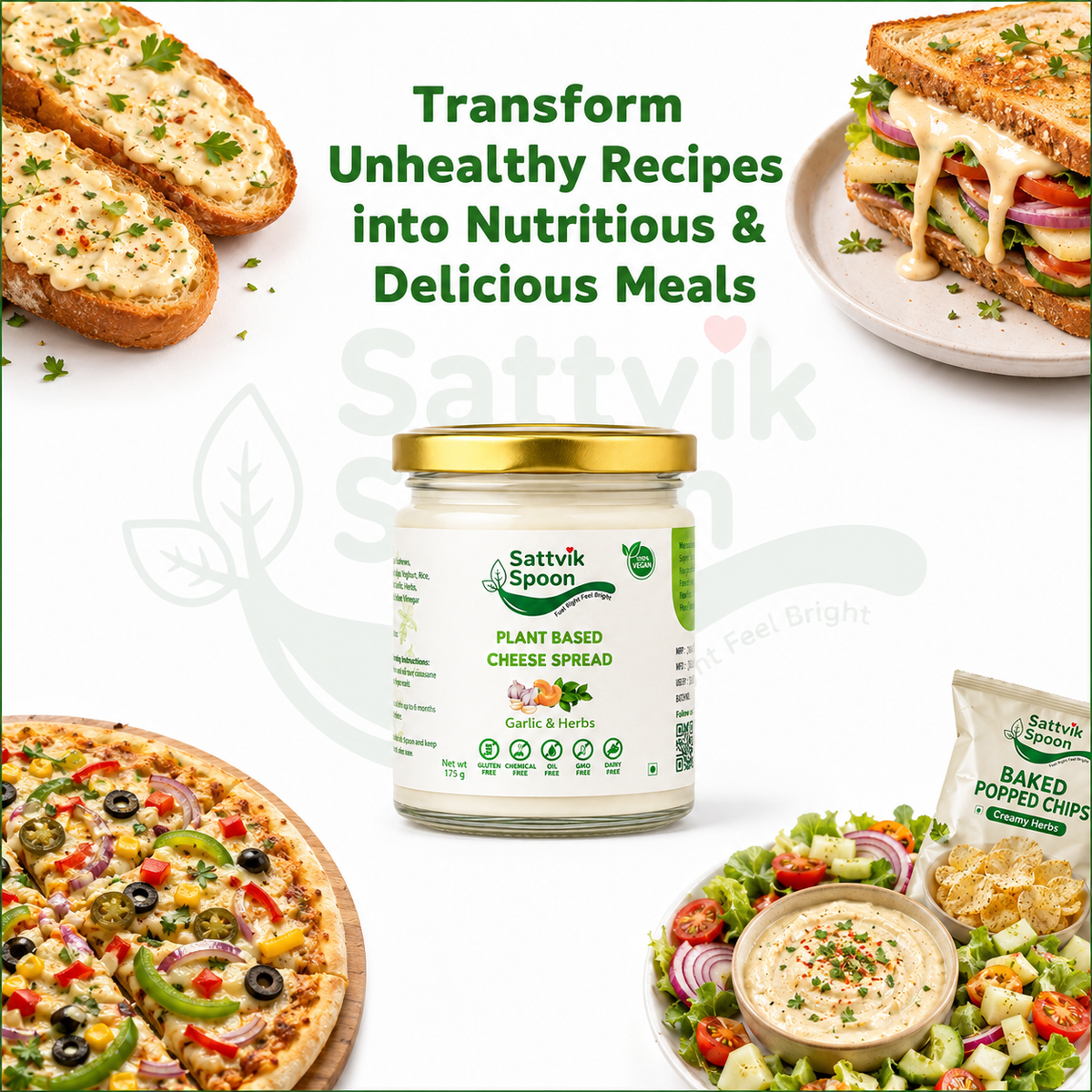 Recipe ideas with Garlic & Herbs spread: garlic bread, sandwich, pizza and salad dip